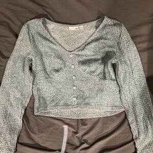 Gray Ribbed Long Sleeve Crop Top